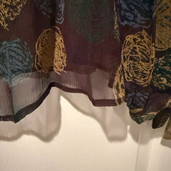 BCBGMaxAzria | Silk + Lace Sheer Patterned Blouse | Brown/Navy | Size: L - Picture 5 of 10